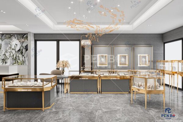 Modern Luxury Jewelry Store Interior Design with Gold Framed Display Cabinets