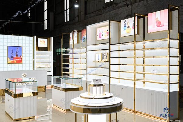 Custom Perfume Display Cabinets for Shops with LED Lightboxes and Gold Framing