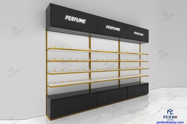 Modern Black Perfume Display Cabinet | Custom Retail Fragrance Wall Shelving