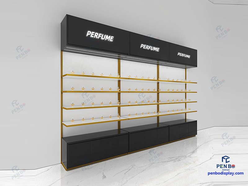 custom luxury perfume store display shelves, modern fragrance store wall display units,wholesale perfume shop display fixtures