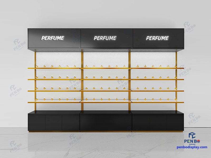 custom luxury perfume store display shelves, modern fragrance store wall display units,wholesale perfume shop display fixtures