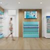Pharmacy store display with product shelving and digital monitors, pharmacy shelves，pharmacy shop design, pharmacy fixtures