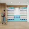 Pharmacy store display with product shelving and digital monitors, pharmacy shelves，pharmacy shop design, pharmacy fixtures