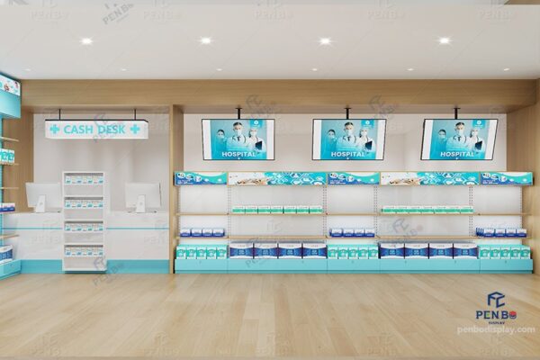 Modern Pharmacy Store Design & Custom Display Shelves for Medical Retail