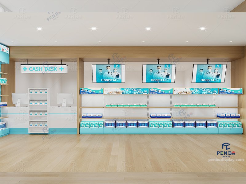 Pharmacy store display with product shelving and digital monitors, pharmacy shelves，pharmacy shop design, pharmacy fixtures