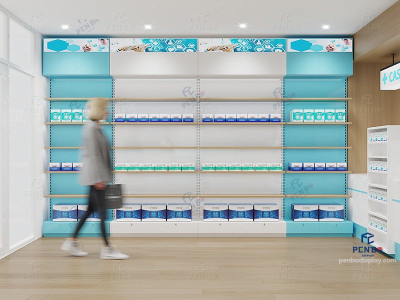 Pharmacy store display with product shelving and digital monitors, pharmacy shelves，pharmacy shop design, pharmacy fixtures