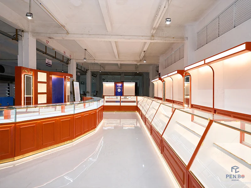 Luxury Custom Jewelry Display Cases with Glass Counters and Wall Cabinets