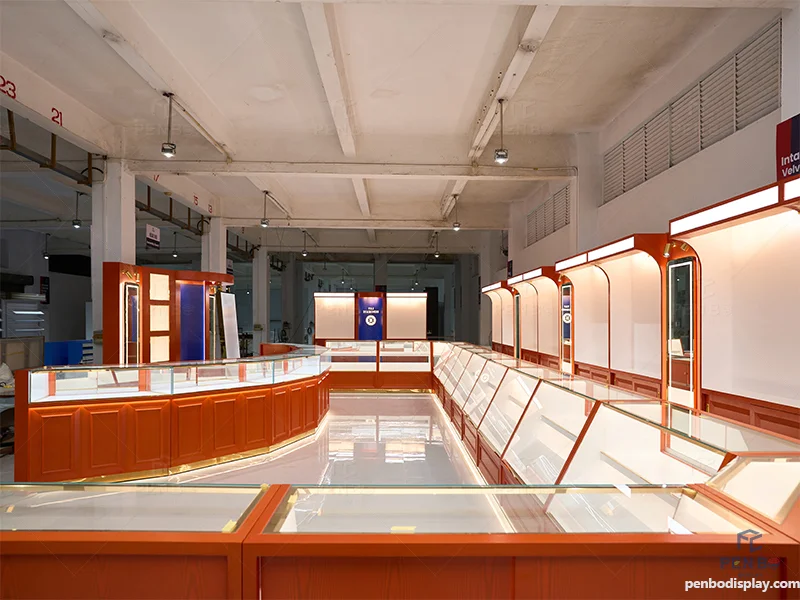 Luxury Custom Jewelry Display Cases with Glass Counters and Wall Cabinets