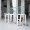 Tall white pedestal glass display cases for jewelry with built-in LED lights and locks