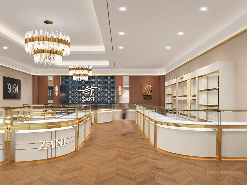 Luxury custom jewelry showroom interior design in USA with glass display counters