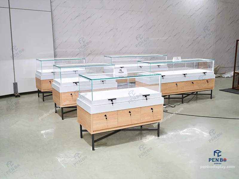 Wholesale wood and glass jewelry showcases with lockable storage drawers
