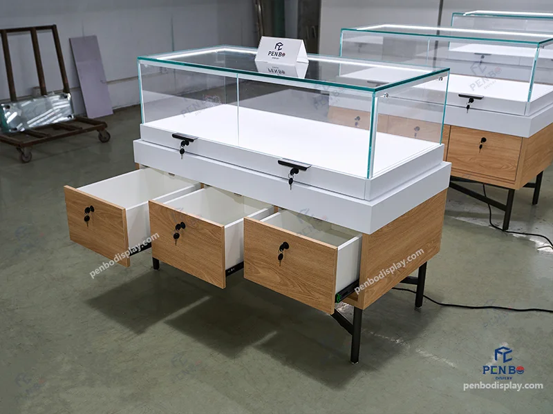 wood and glass jewelry showcase wholesale, Wholesale wood and glass jewelry showcases with lockable storage drawers