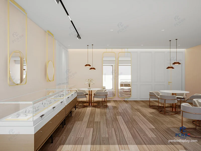 Modern glass jewelry display cabinet with wood storage base – showroom design