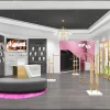 High-end boutique design with golden clothing racks and jewelry showcases