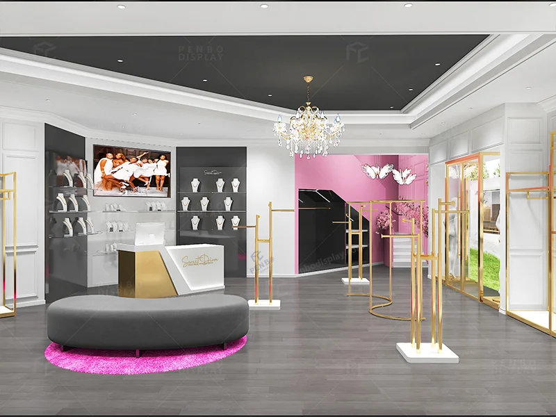 High-end boutique design with golden clothing racks and jewelry showcases