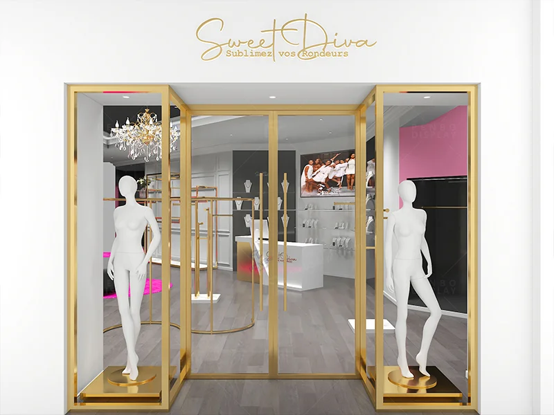 Luxury ladies boutique store design with golden clothing racks
