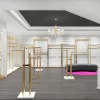 Luxury ladies boutique store design with golden clothing racks