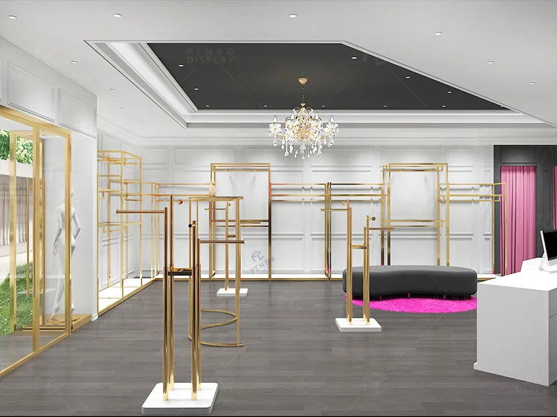 Luxury ladies boutique store design with golden clothing racks