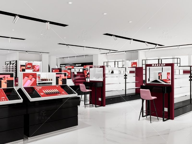 Custom cosmetic display tables and modular gondola units for makeup stores