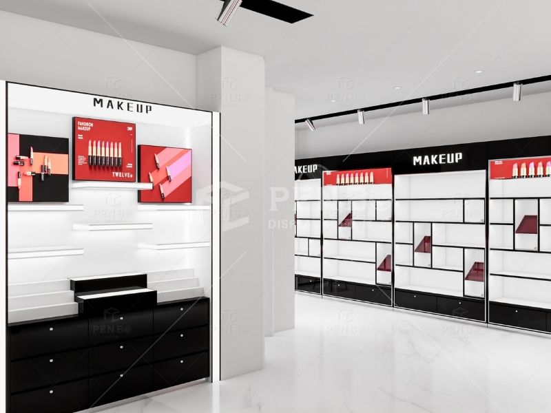 modern cosmetic store layout with wall-mounted makeup display cabinets