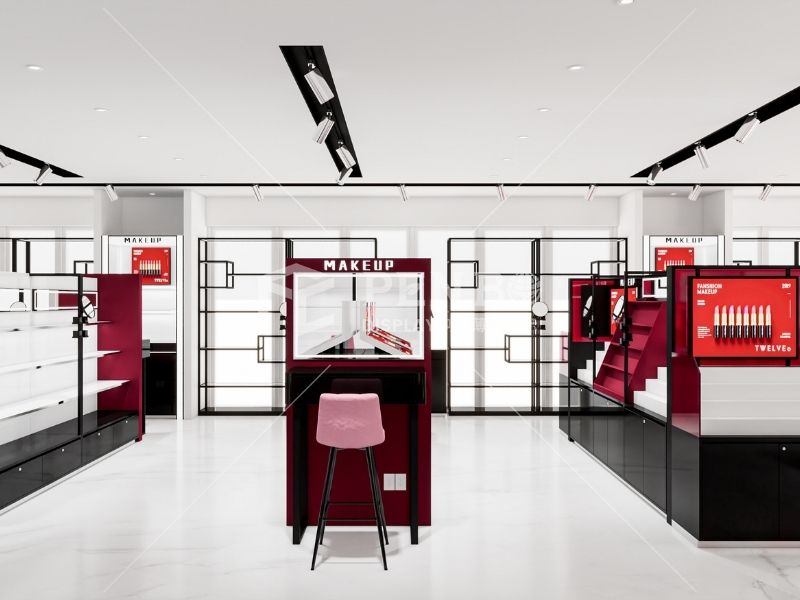 Custom makeup display counters and shelving units for cosmetic retail stores