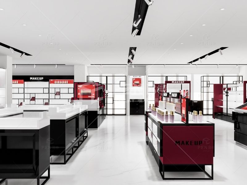 Modern makeup store interior design with wall display cabinets and tester counters
