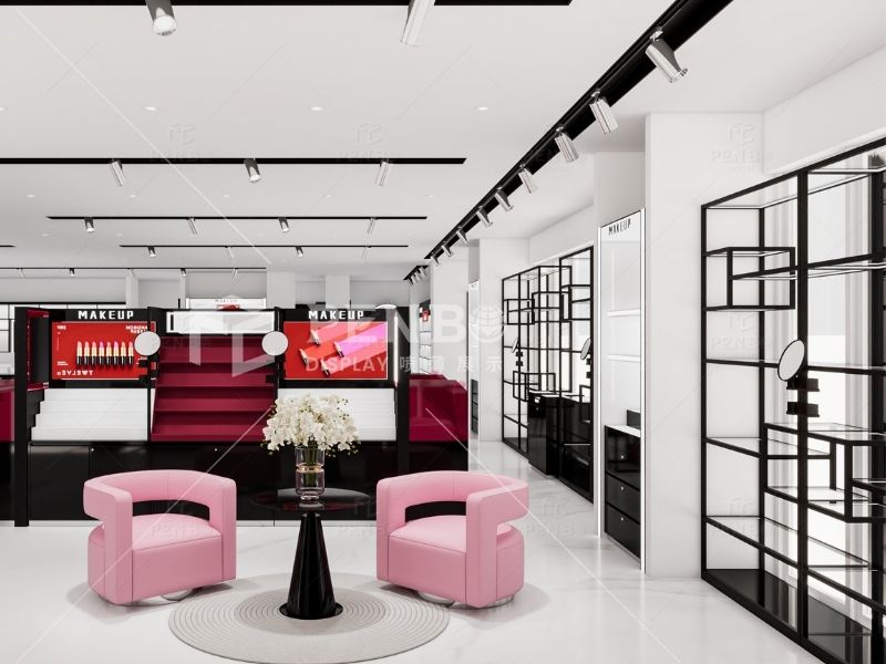Makeup shop lounge area with product display shelving and modern retail layout