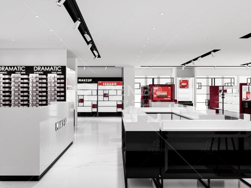 Full-store makeup display system including counters, gondolas, and shelving