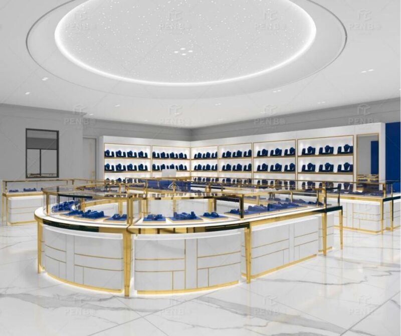 Luxury jewelry shop interior design with gold display cabinets