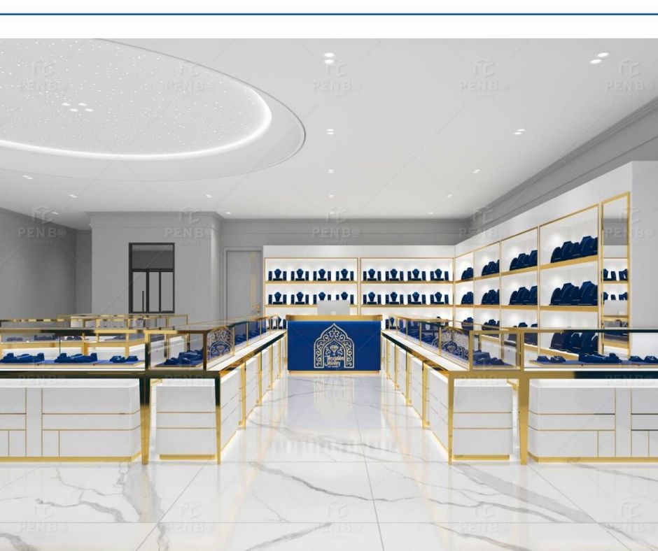 Luxury jewelry shop interior design with gold display cabinets