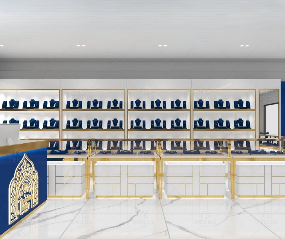 Luxury jewelry shop interior design with gold display cabinets