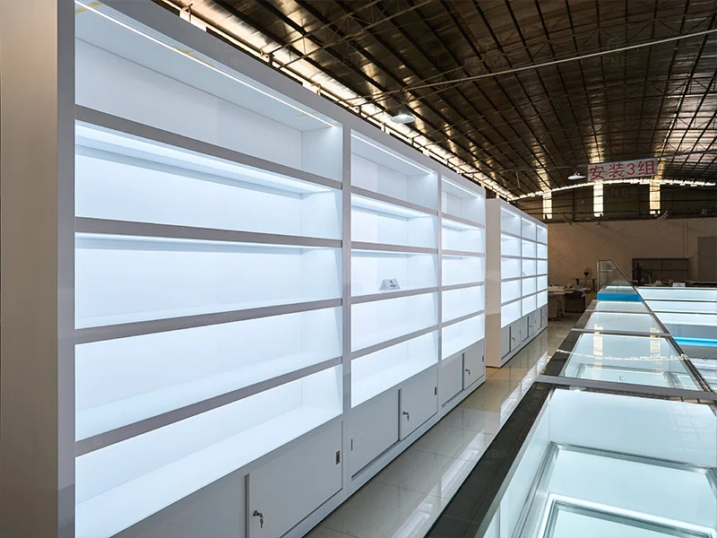 LED illuminated retail wall cabinets and glass display cases for smoke shops