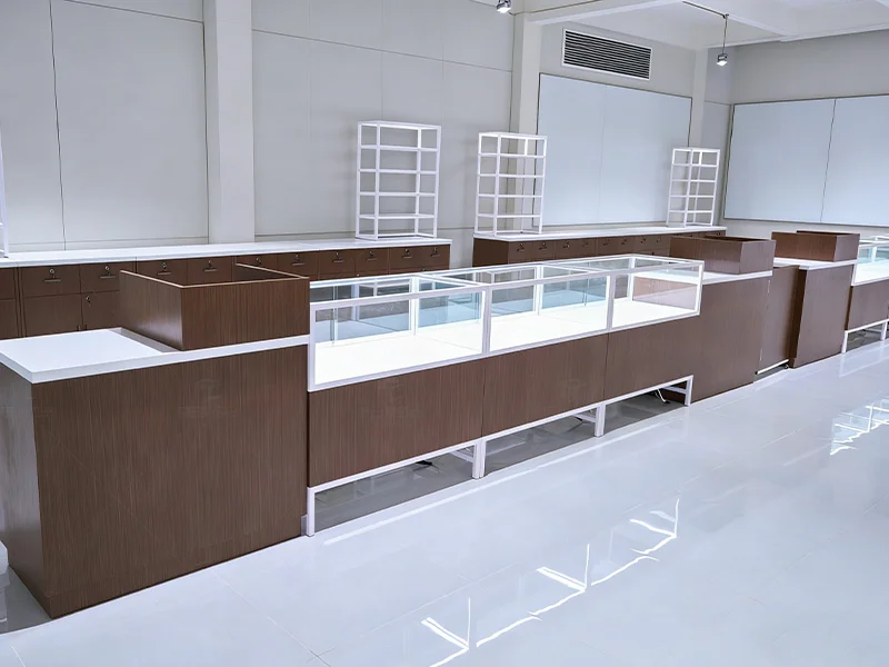 custom dispensary display counters with lockable glass showcases