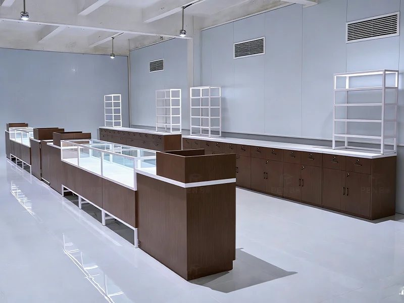 custom dispensary display counters with lockable glass showcases