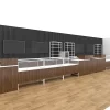 modern cannabis store design with wood cabinetry and glass counters