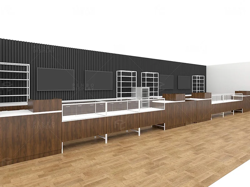modern cannabis store design with wood cabinetry and glass counters