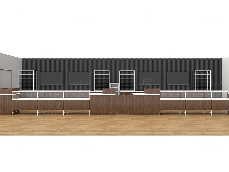 modern cannabis store design with wood cabinetry and glass counters