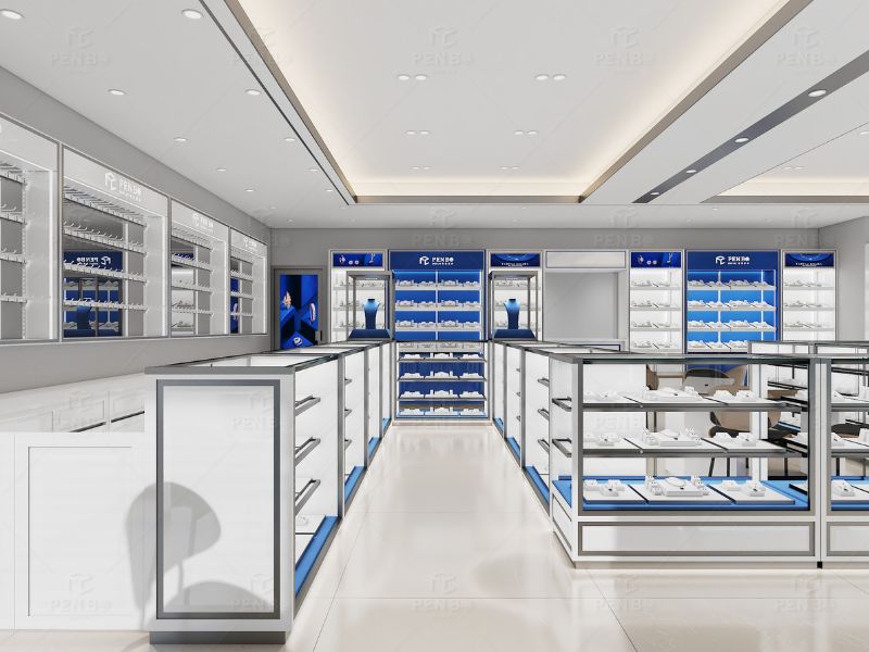 Modern jewelry retail interior featuring glass display cases