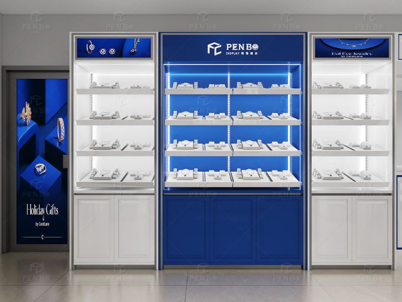 Clean and modern jewelry store layout with wall display cabinets