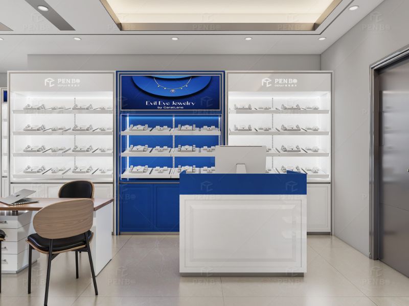 Wall-mounted jewelry display cabinets in a modern retail store
