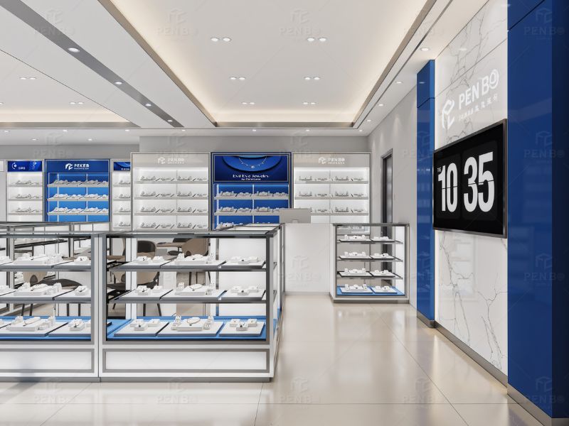 Jewelry store display design with custom display cabinets in the USA