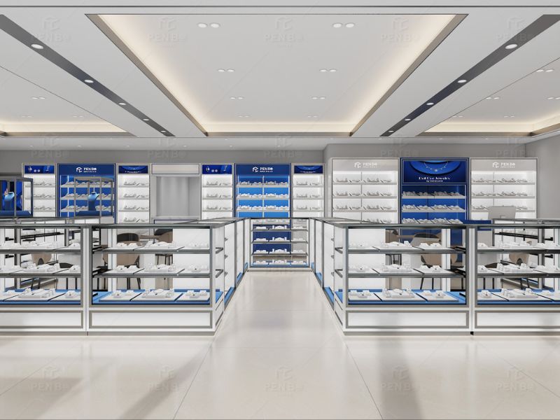 Modern jewelry store interior design with custom display cabinets in the USA