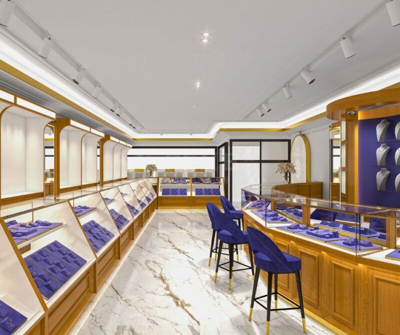 Luxury jewelry store interior design with custom display cabinets in the USA