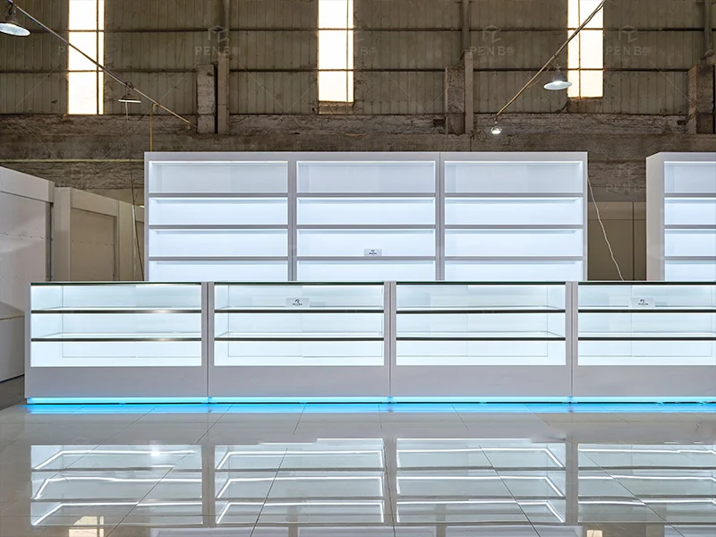 modern smoke shop display cabinets with LED lighting and glass counters