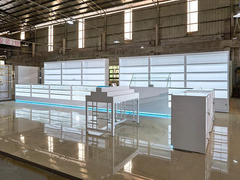 modern smoke shop display cabinets with LED lighting and glass counters