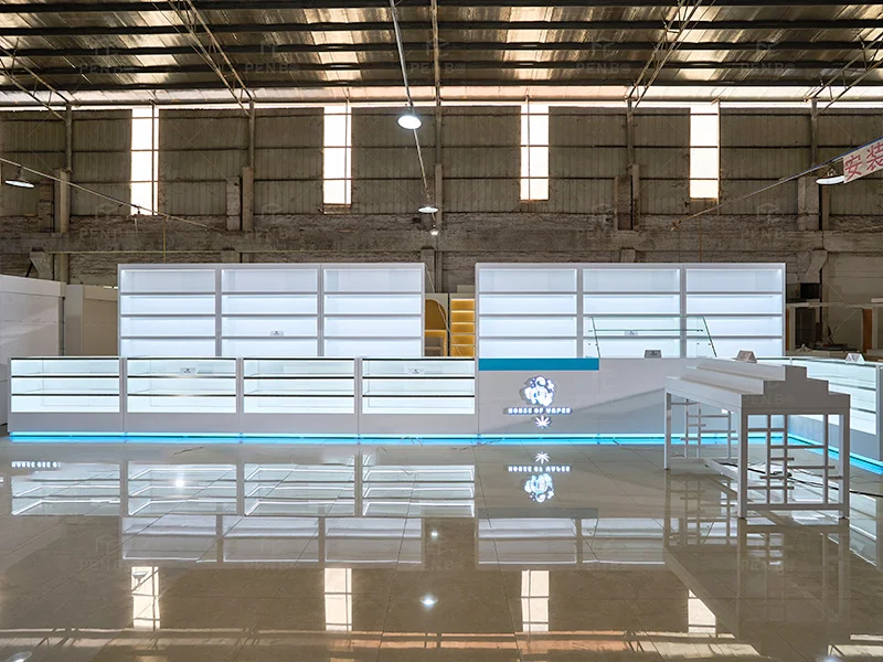 modern smoke shop display cabinets with LED lighting and glass counters