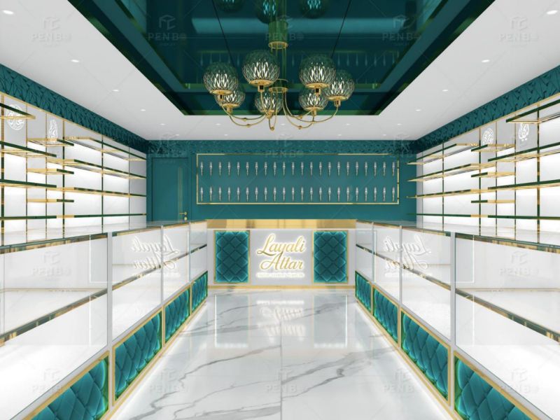 Luxury fragrance store interior design with custom display cabinets