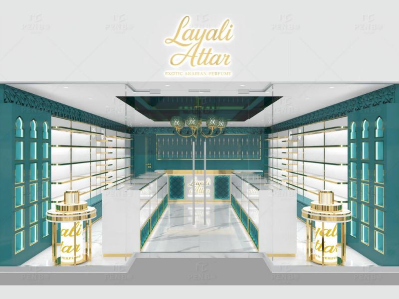 Luxury fragrance store interior design with custom display cabinets