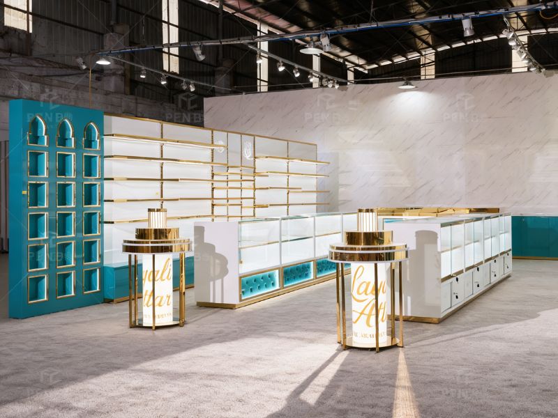 Custom fragrance store build-out with glass display cabinets