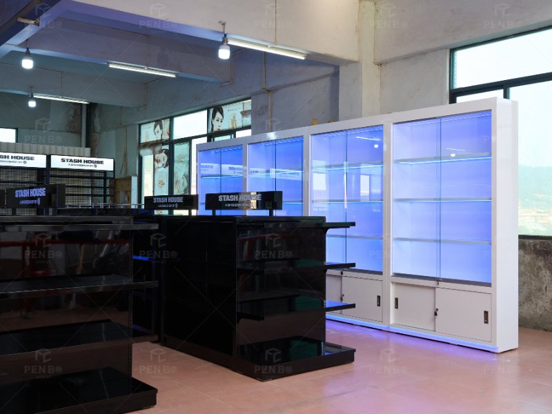 RGB LED lighting integrated into smoke shop display cabinets